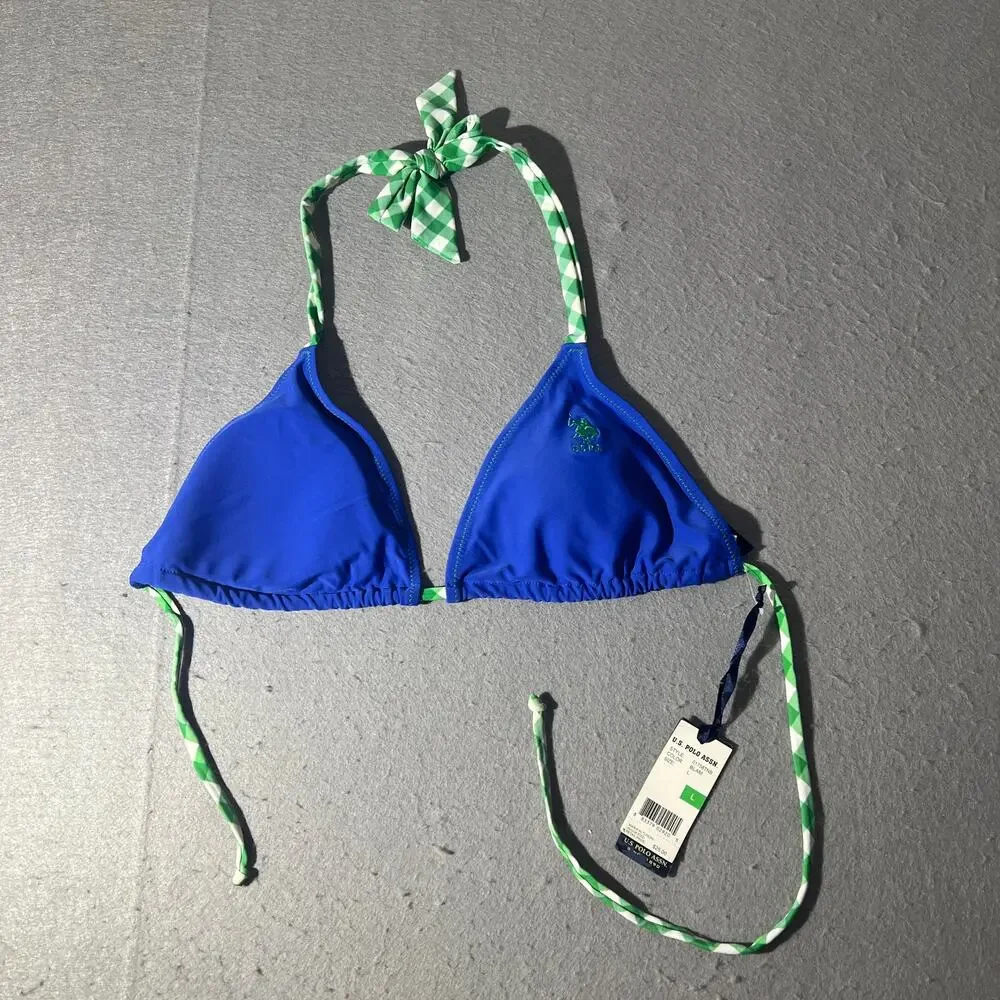 U.S. Polo Assn Blue Green Triangle Bikini Top Size L NWT
